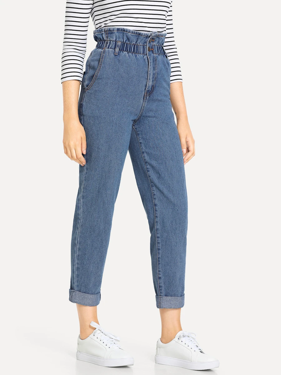 SHEIN LUNE High Waisted Rolled Hem Mom Jeans - Medium Wash - View 1