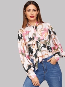 Tie Neck Chain Print Top