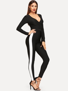 Waist Belted Color Block V-neck Jumpsuit
