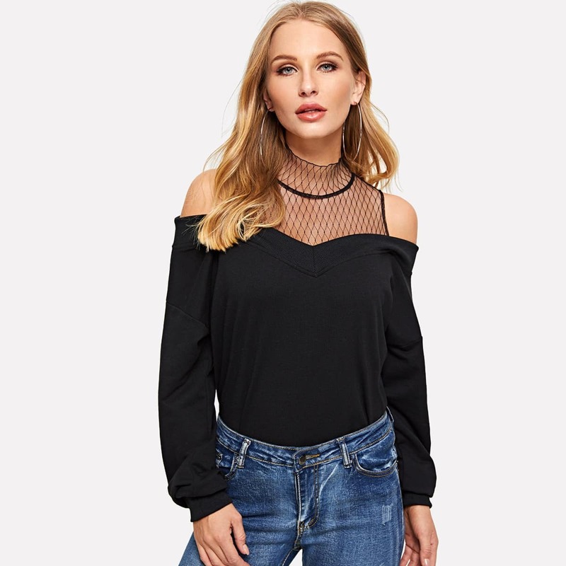 

Mesh Insert Cold Shoulder Pullover, Black