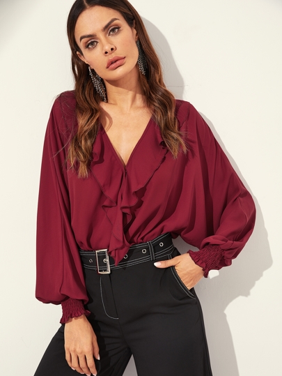 Ruffle Trim Dolman Sleeve Wrap Blouse Bodysuit pictures