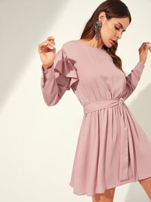 Ruffle Trim Belted Flowy Dress