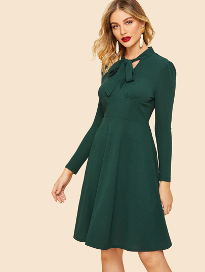 40s Tie Neck Puff Sleeve High Waist Dress pictures