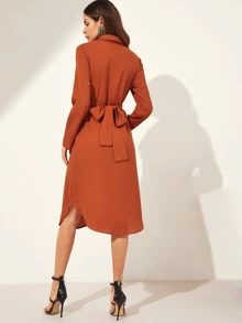 SHEIN Button Through Self Tie Shirt Dress - Burnt Orange - View 2