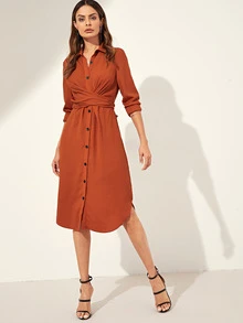 SHEIN Button Through Self Tie Shirt Dress - Burnt Orange - View 3