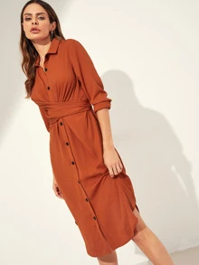 SHEIN Button Through Self Tie Shirt Dress - Burnt Orange - View 4