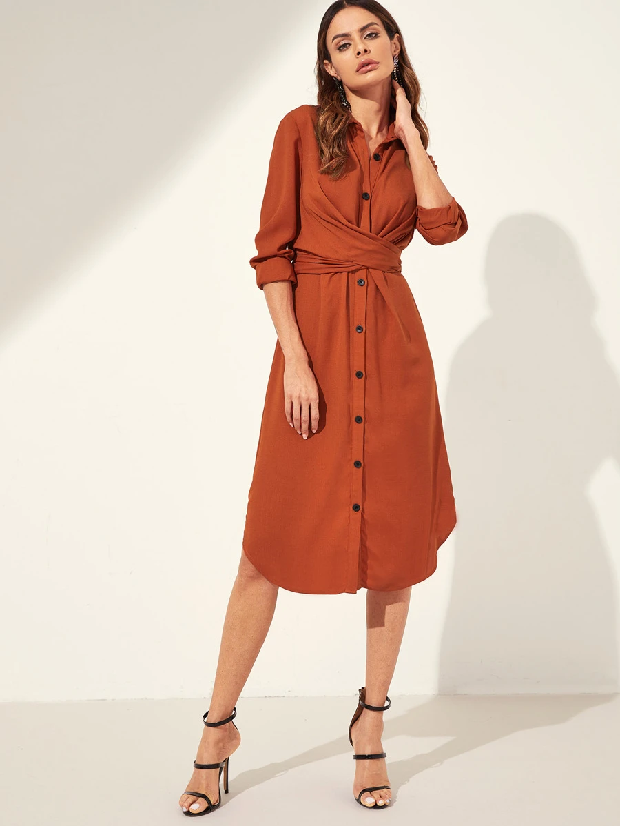 SHEIN Button Through Self Tie Shirt Dress - Burnt Orange - View 1