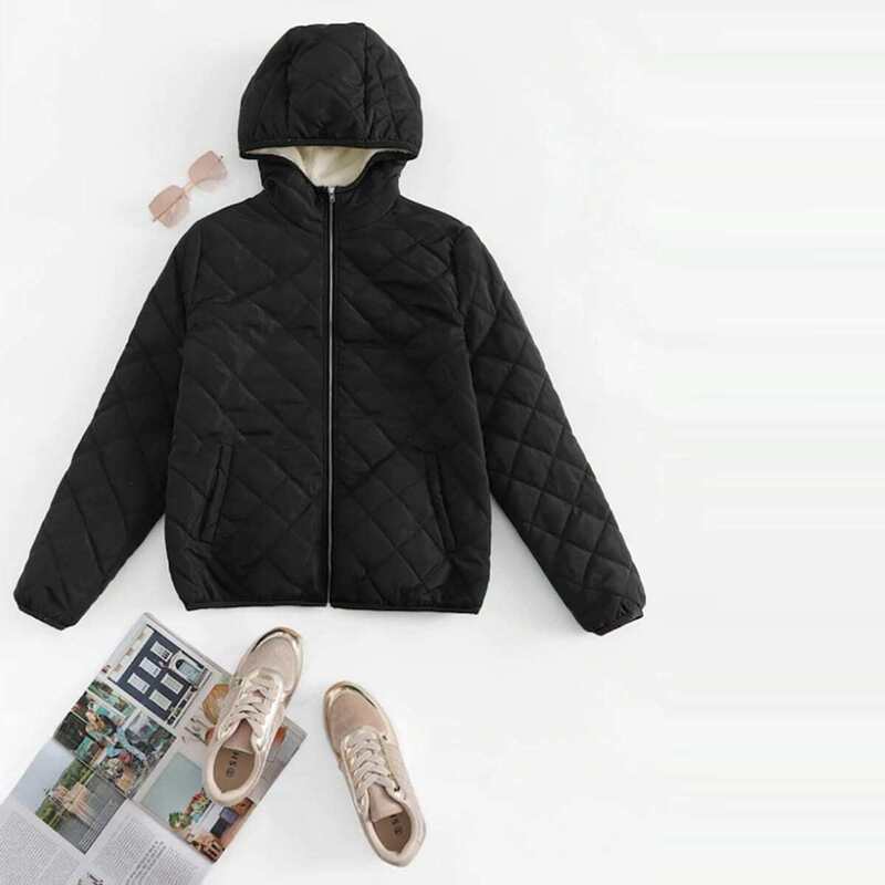 

Zipper Quilted Hooded Coat, Black