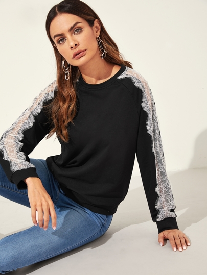 Lace Insert Raglan Sleeve Sweatshirt pictures