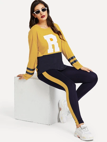 SHEIN Conjunto camiseta con estampado de letra de color block con pantalones
