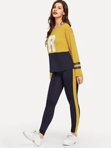 SHEIN 拼色字母印花t和褲子套裝