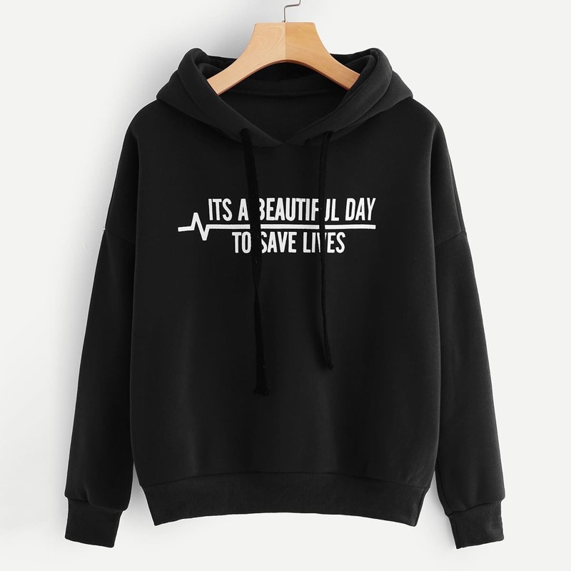 

Letter Print Drawstring Hoodie, Black
