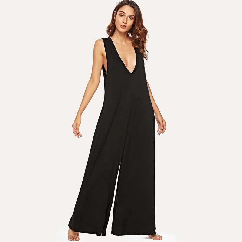 

Wide Leg Double V-Neck Jumpsuit, Black