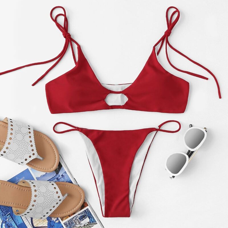 

Cut-out Top With High Leg Bikini Set, Red
