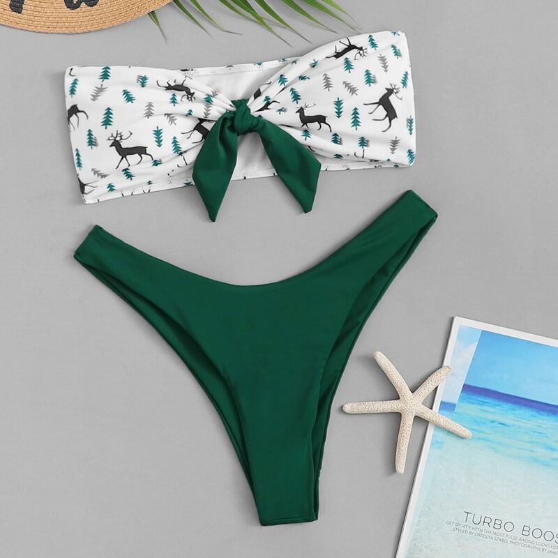 

Moose & Pine Print Bandeau With High Leg Bikini, Multicolor