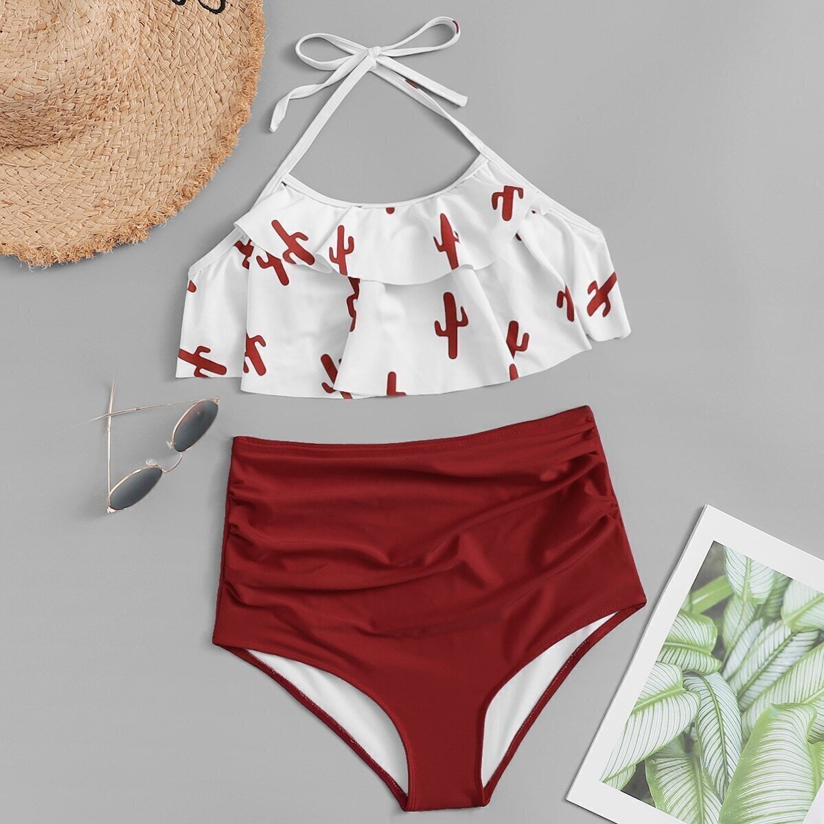 Random Cactus Print Ruffle Halter Top With High Waist Bikini