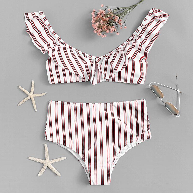 

Striped Ruffle Top With High Waist Bikini Set, Multicolor