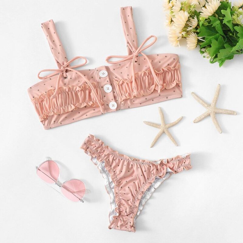 

Dot Print Frill Detail Top With Lettuce Trim Bikini, Pink