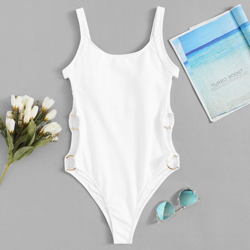 

Ring Linked High Cut One Piece Swimwear, White