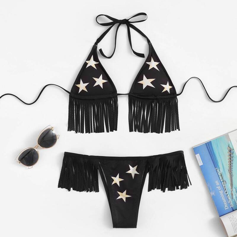 

Star Print Fringe Hem Bikini Set, Black