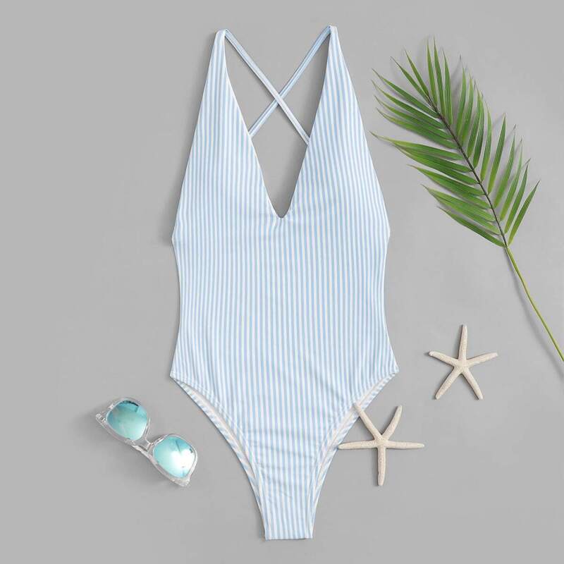 

Striped Criss Cross Backless One Piece Swimsuit, Blue
