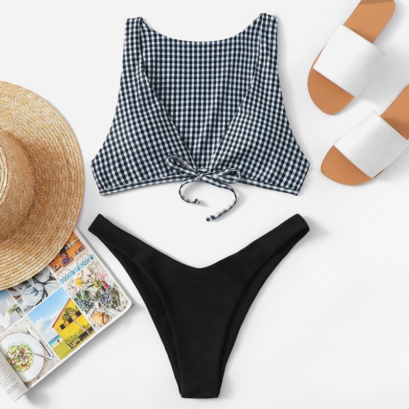 

Gingham Bow Tie Top With High Leg Bikini Set, Black and white