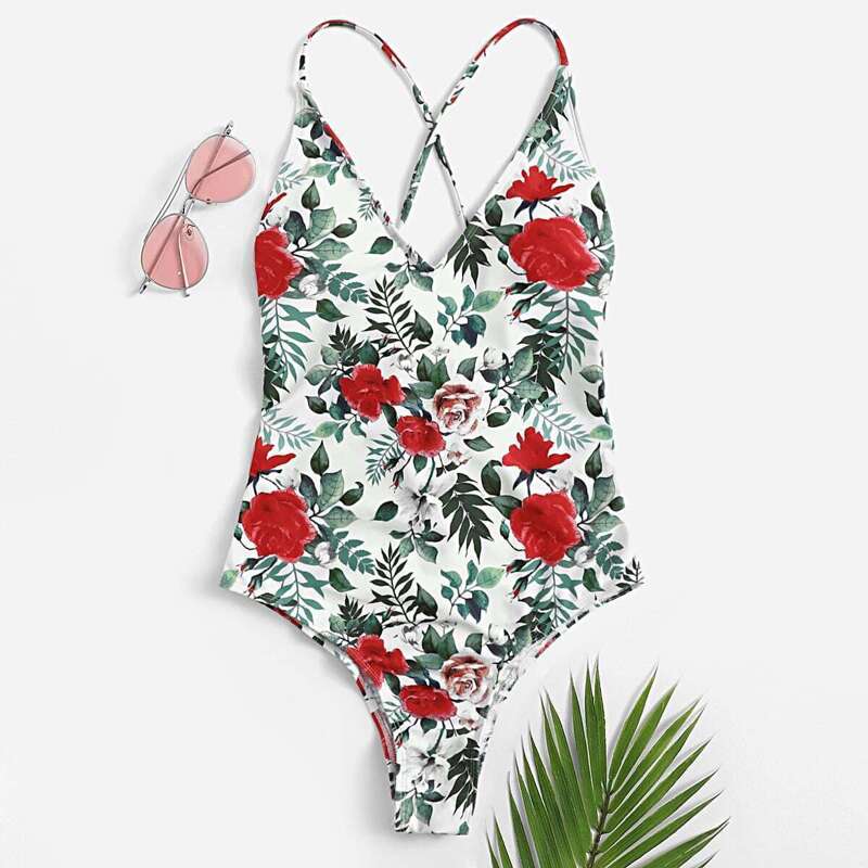 

Random Floral Criss Cross Backless One Piece Swimsuit, Multicolor