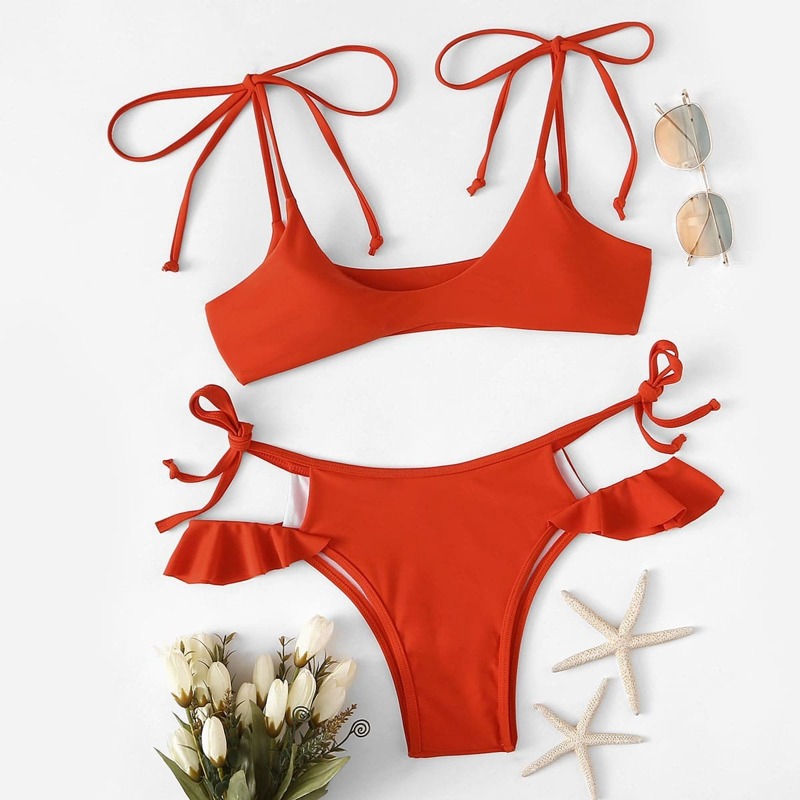 

Self Tie Top Ruffle Decor Tie Side Bikini Set, Red