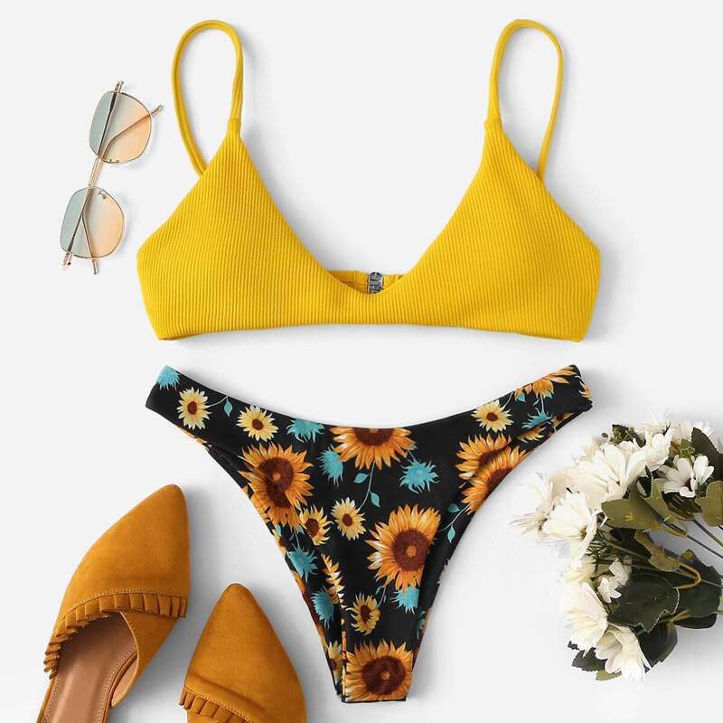 

Cami Top With Random Floral Bikini Set, Multicolor