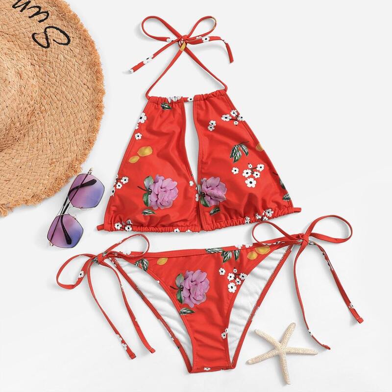

Random Floral Halter Top With Tie Side Bikini Set, Red