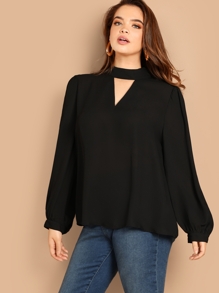 Plus Keyhole Mock-neck Lantern Sleeve Blouse