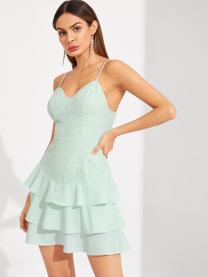 Lace Overlay Layered Hem Cami Dress pictures