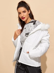 SHEIN Fuzzy Detail O-Ring Zip Up Padded Coat - White - View 3