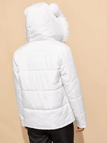 SHEIN Fuzzy Detail O-Ring Zip Up Padded Coat - White - View 2