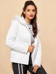 SHEIN Fuzzy Detail O-Ring Zip Up Padded Coat - White - View 4