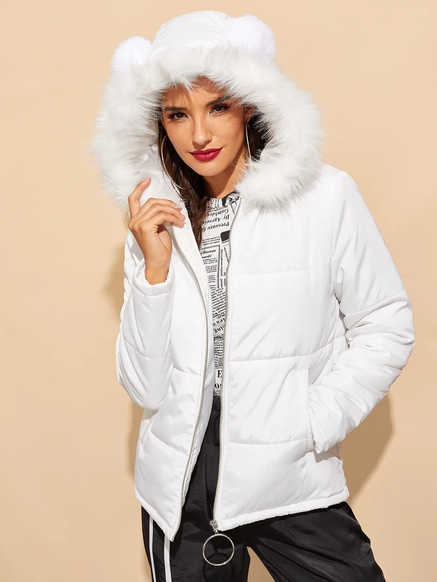 SHEIN Fuzzy Detail O-Ring Zip Up Padded Coat - White - View 1