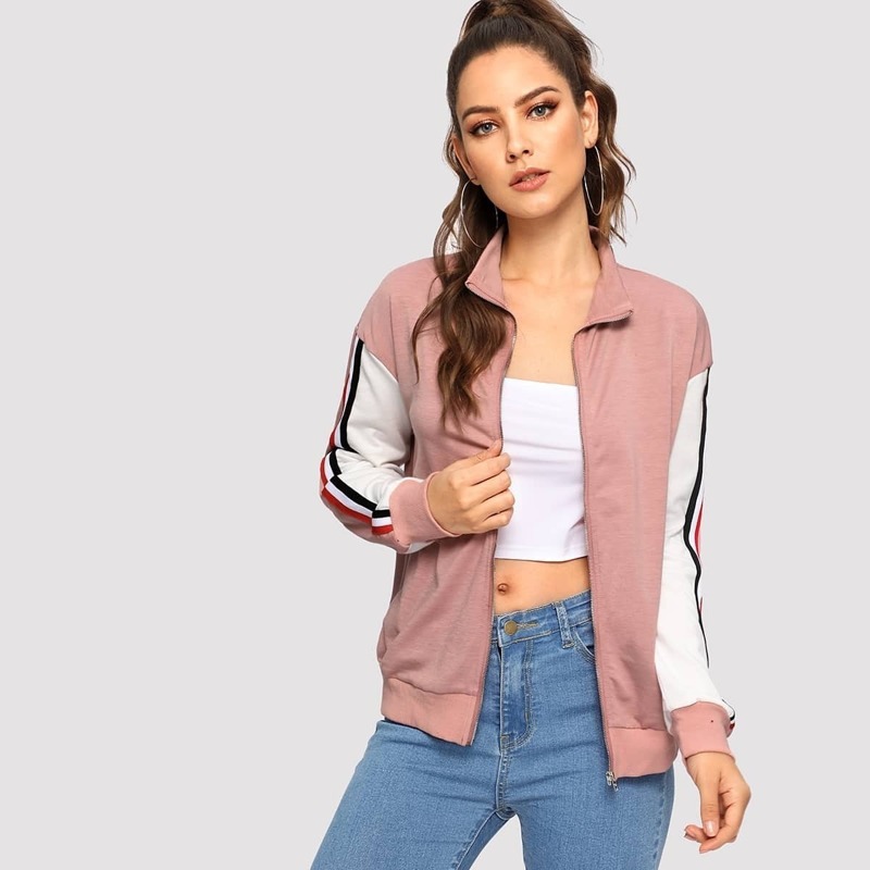 

Zip Up Striped Sleeve Sweatshirt, Pink
