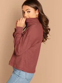 SHEIN Essnce Solid Turtleneck Waffle Knit Pullover - Rusty Rose - View 3