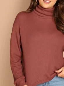SHEIN Essnce Solid Turtleneck Waffle Knit Pullover - Rusty Rose - View 4