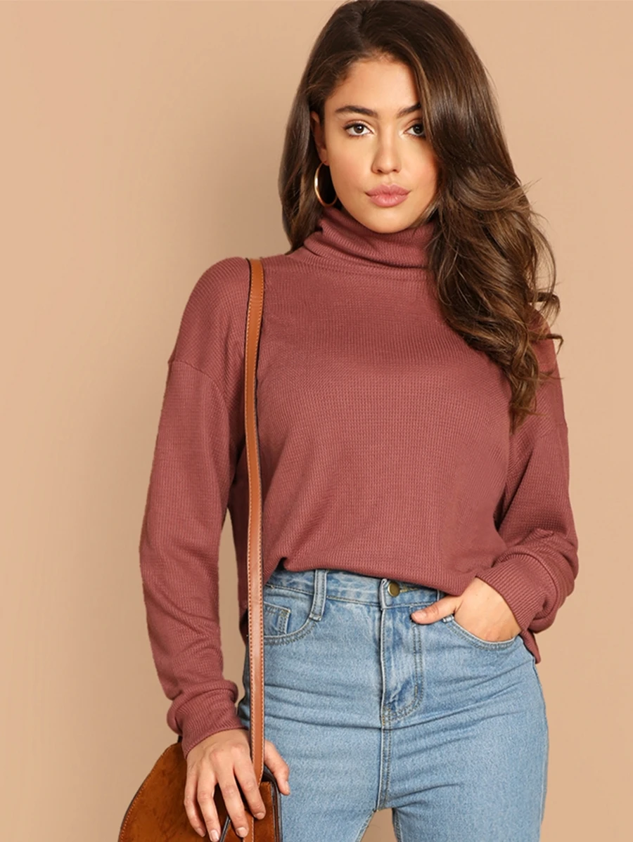 SHEIN Essnce Solid Turtleneck Waffle Knit Pullover - Rusty Rose - View 1