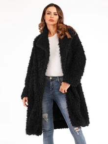 Abrigo teddy sólida de cuello cascada - Negro - Ver 1