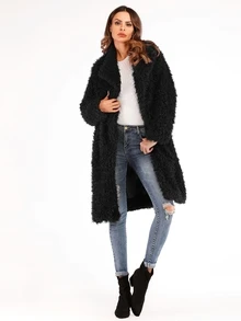Abrigo teddy sólida de cuello cascada - Negro - Ver 4