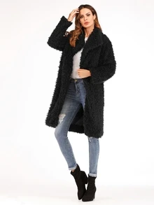 Abrigo teddy sólida de cuello cascada - Negro - Ver 5