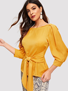 Pleated Sleeve Knot Front Blouse