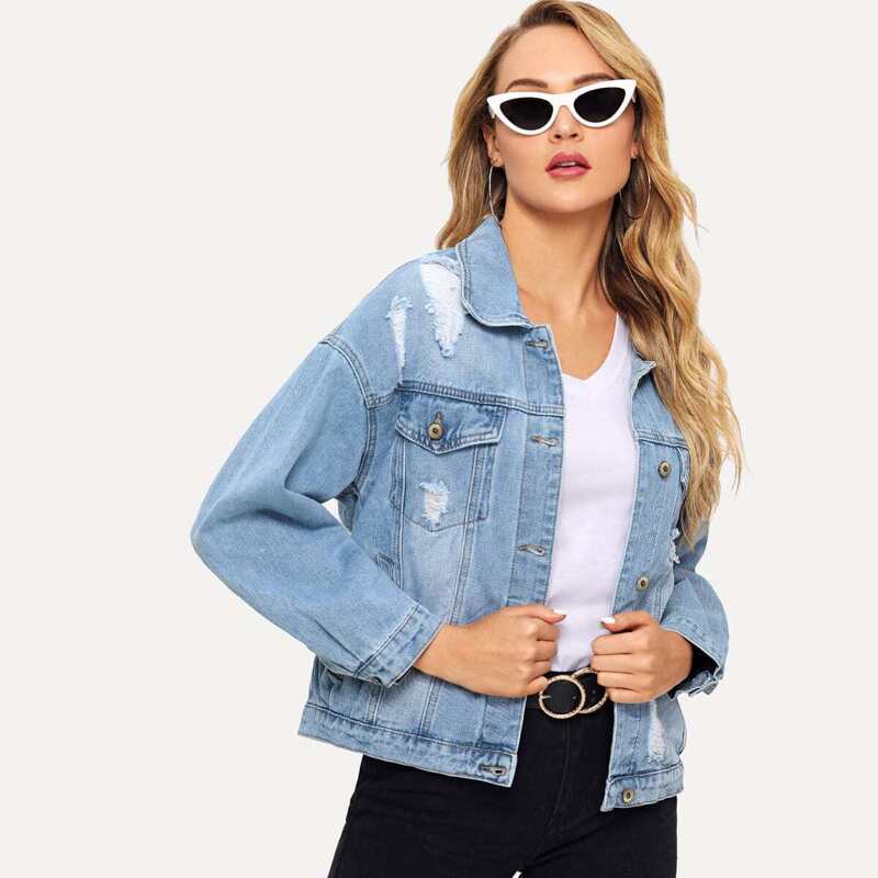 

Drop Shoulder Ripped Denim Jacket, Blue