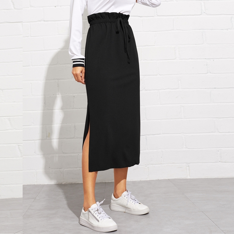 

Paperbag Waist Split Side Skirt, Black