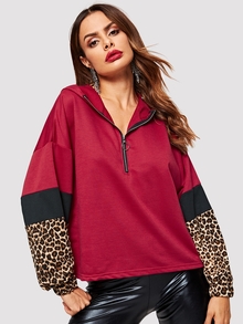 Zip Half Placket Leopard Panel Hoodie