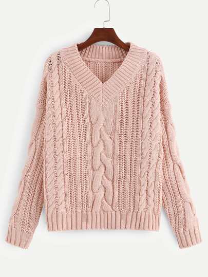 Contrast Cable Knit V-neck Sweater