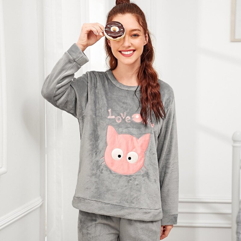 

Cat Embroidered Plush Pajama Set, Grey