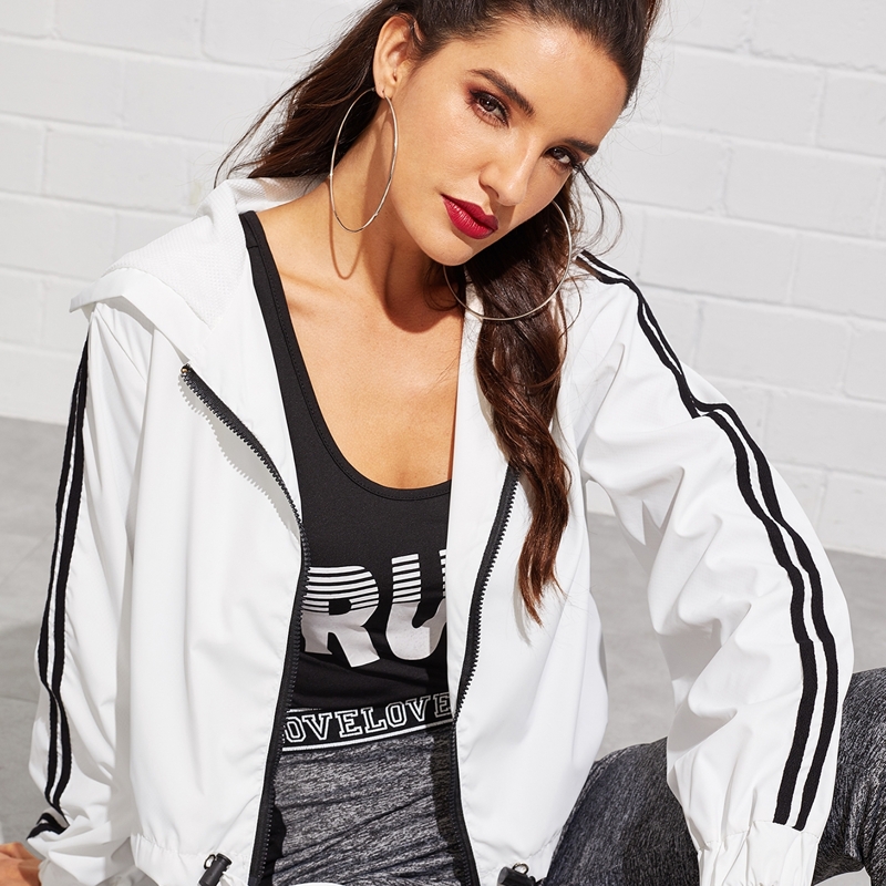 

Tape Detail Drawstring Hem Zip-up Hooded Crop Jacket, White